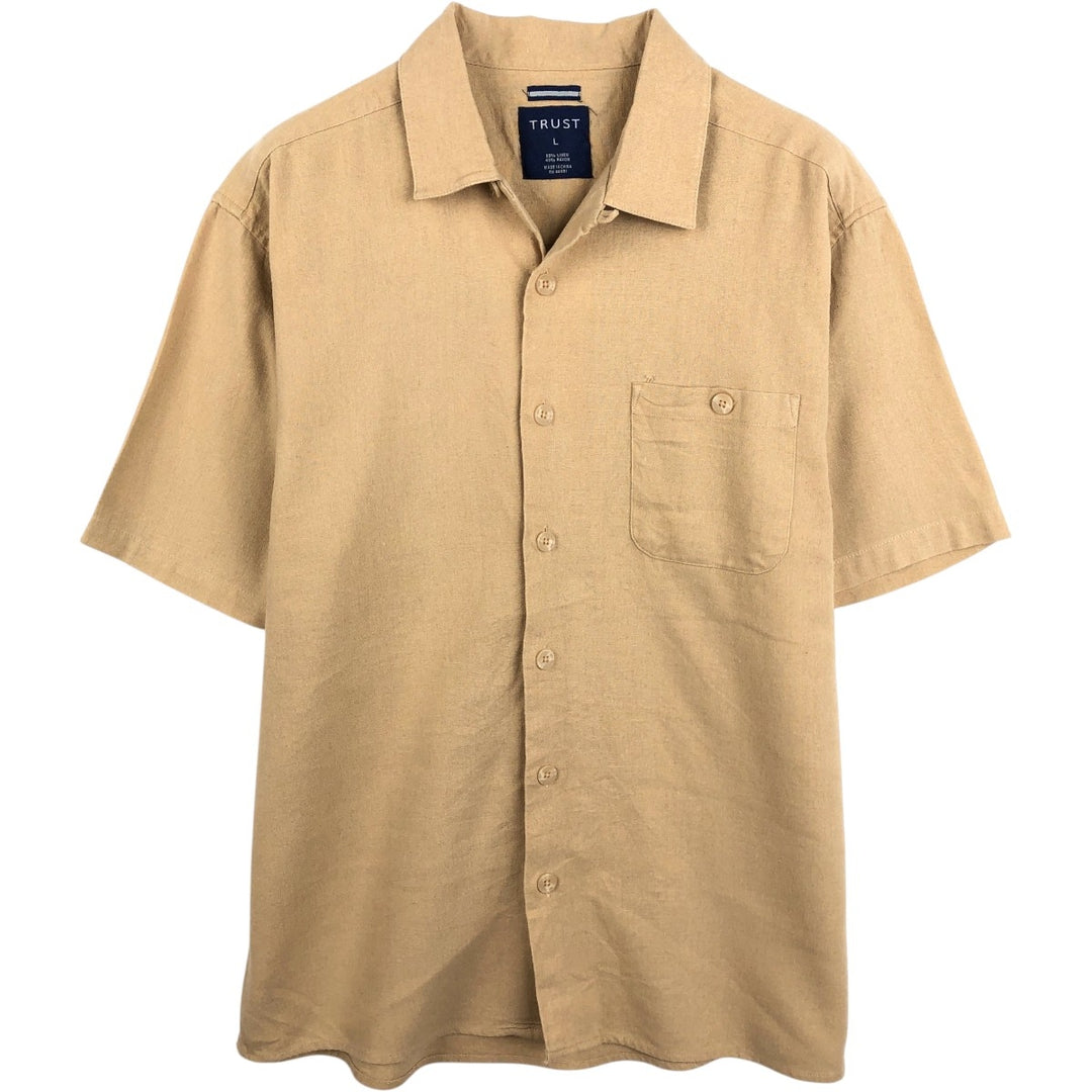 TRUST Short-Sleeve Open-Collar Linen Shirt, Boxy Fit, Men's Size L (approx.) linen Beige type Vintage Second Hand