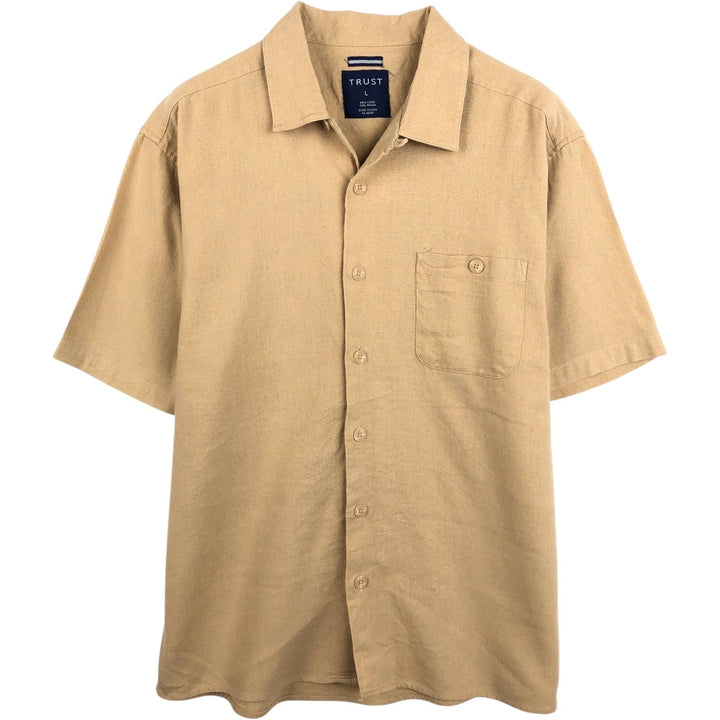 TRUST Short-Sleeve Open-Collar Linen Shirt, Boxy Fit, Men's Size L (approx.) linen Beige type Vintage Second Hand
