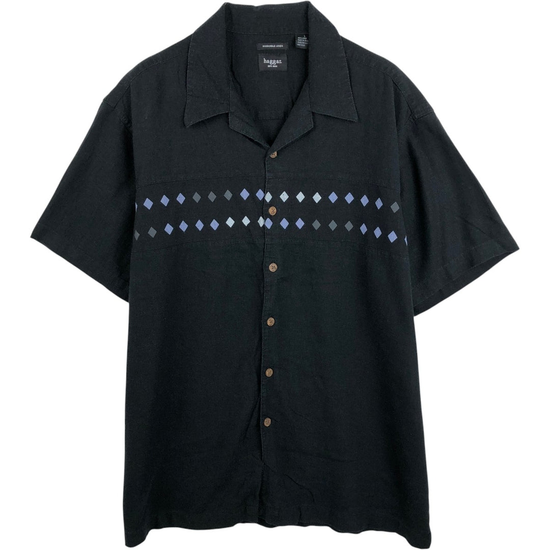 Haggar Diamond Pattern Short-Sleeve Open-Collar Linen Shirt, Men's Size L (Equivalent), Boxy Shirt linen black type Vintage Second Hand