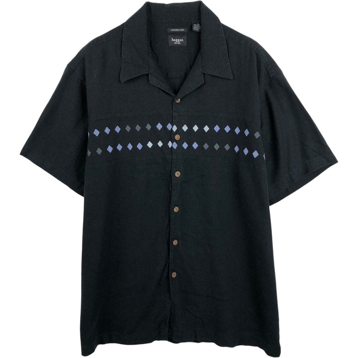 Haggar Diamond Pattern Short-Sleeve Open-Collar Linen Shirt, Men's Size L (Equivalent), Boxy Shirt linen black type Vintage Second Hand