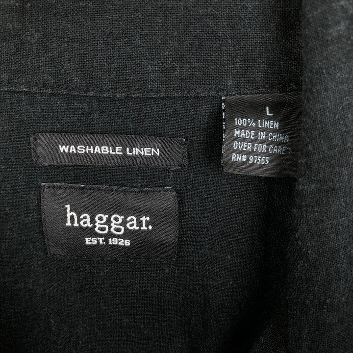 Haggar Diamond Pattern Short-Sleeve Open-Collar Linen Shirt, Men's Size L (Equivalent), Boxy Shirt linen black type Vintage Second Hand