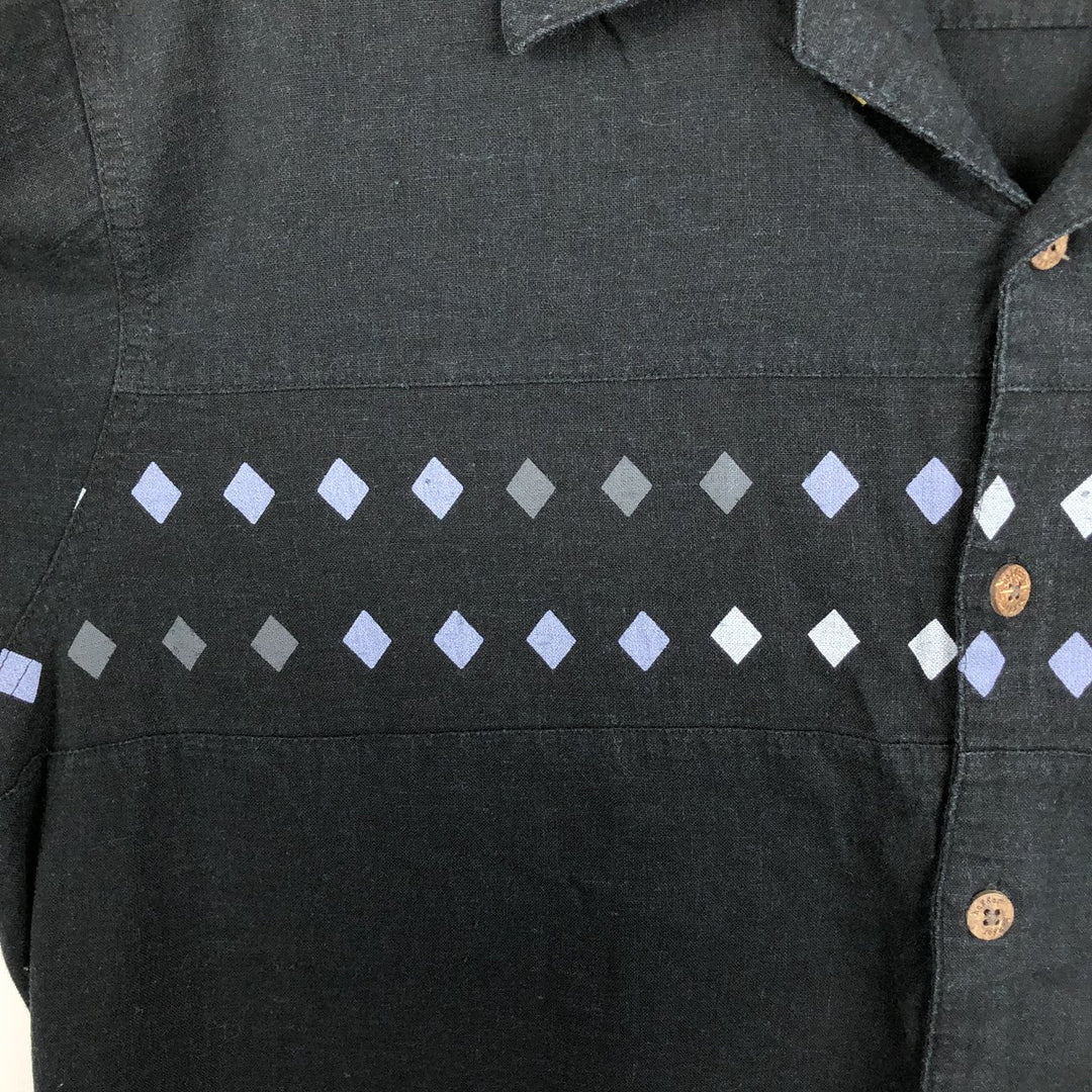 Haggar Diamond Pattern Short-Sleeve Open-Collar Linen Shirt, Men's Size L (Equivalent), Boxy Shirt linen black type Vintage Second Hand