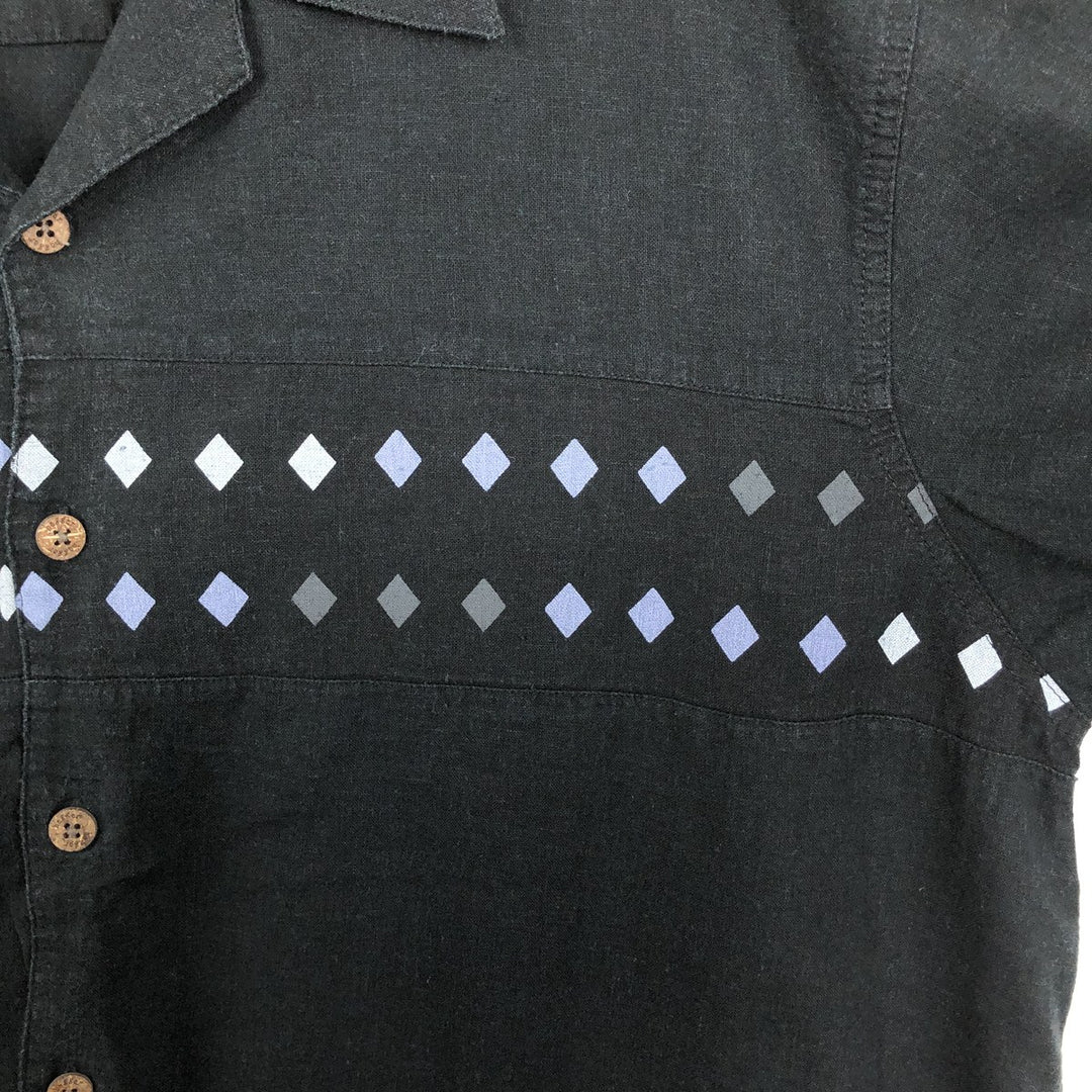 Haggar Diamond Pattern Short-Sleeve Open-Collar Linen Shirt, Men's Size L (Equivalent), Boxy Shirt linen black type Vintage Second Hand