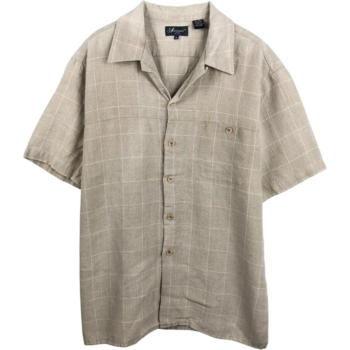 Successo Uomo by Phita Check Pattern Short-Sleeve Open Collar Linen Shirt, Boxy Shirt, Men's Size M (approx.) linen Beige type Vintage Second Hand