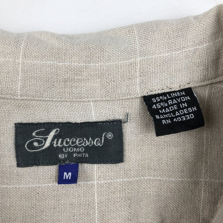 Successo Uomo by Phita Check Pattern Short-Sleeve Open Collar Linen Shirt, Boxy Shirt, Men's Size M (approx.) linen Beige type Vintage Second Hand