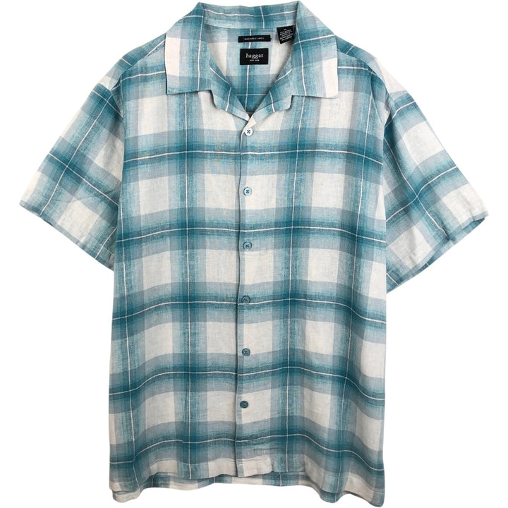 Haggar Check Pattern Short-Sleeve Open Collar Linen Shirt, Boxy Shirt, Men's Size XL (approx.) linen Blue type light blue Vintage Second Hand