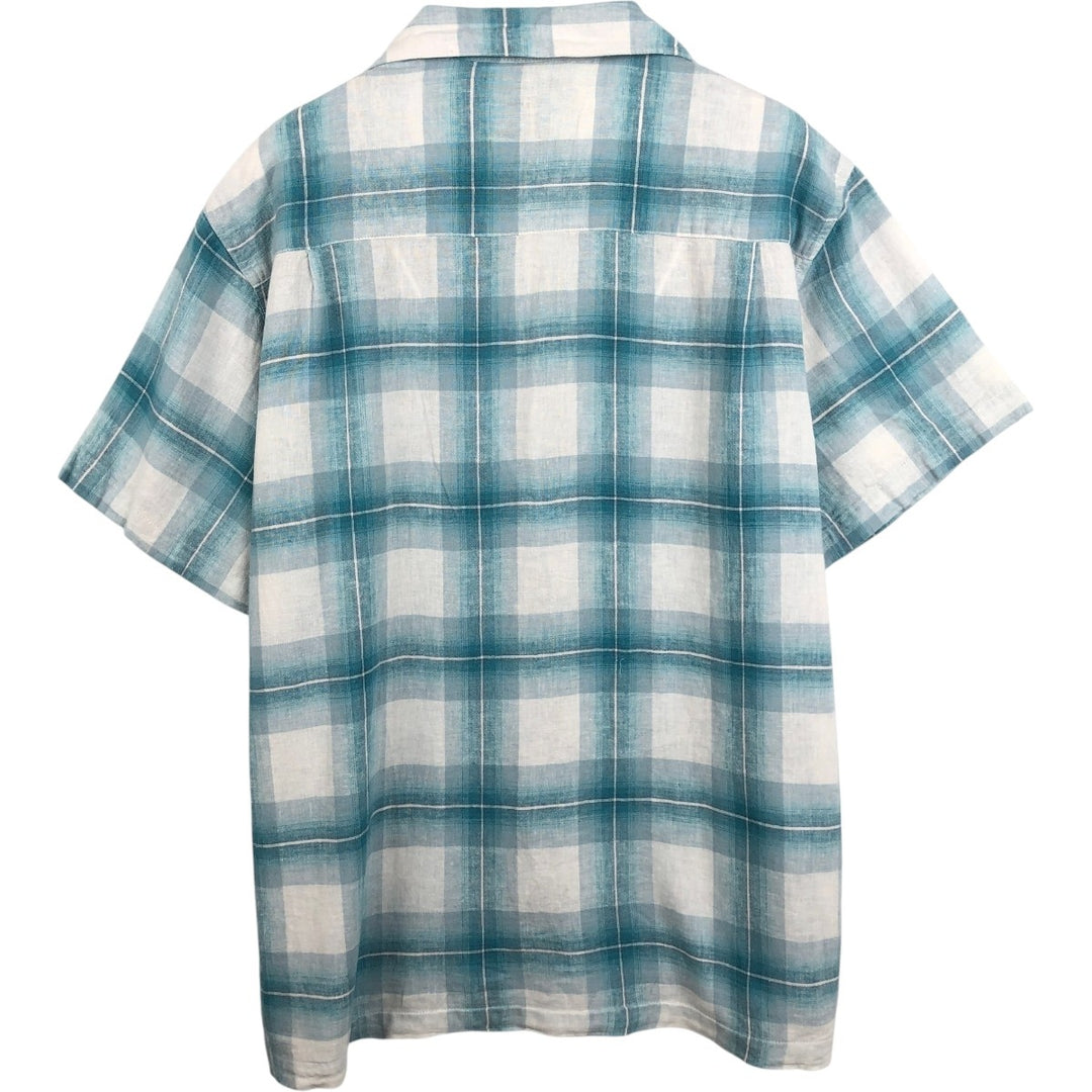 Haggar Check Pattern Short-Sleeve Open Collar Linen Shirt, Boxy Shirt, Men's Size XL (approx.) linen Blue type light blue Vintage Second Hand