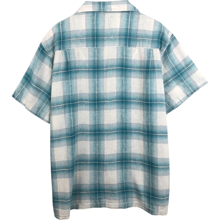 Haggar Check Pattern Short-Sleeve Open Collar Linen Shirt, Boxy Shirt, Men's Size XL (approx.) linen Blue type light blue Vintage Second Hand