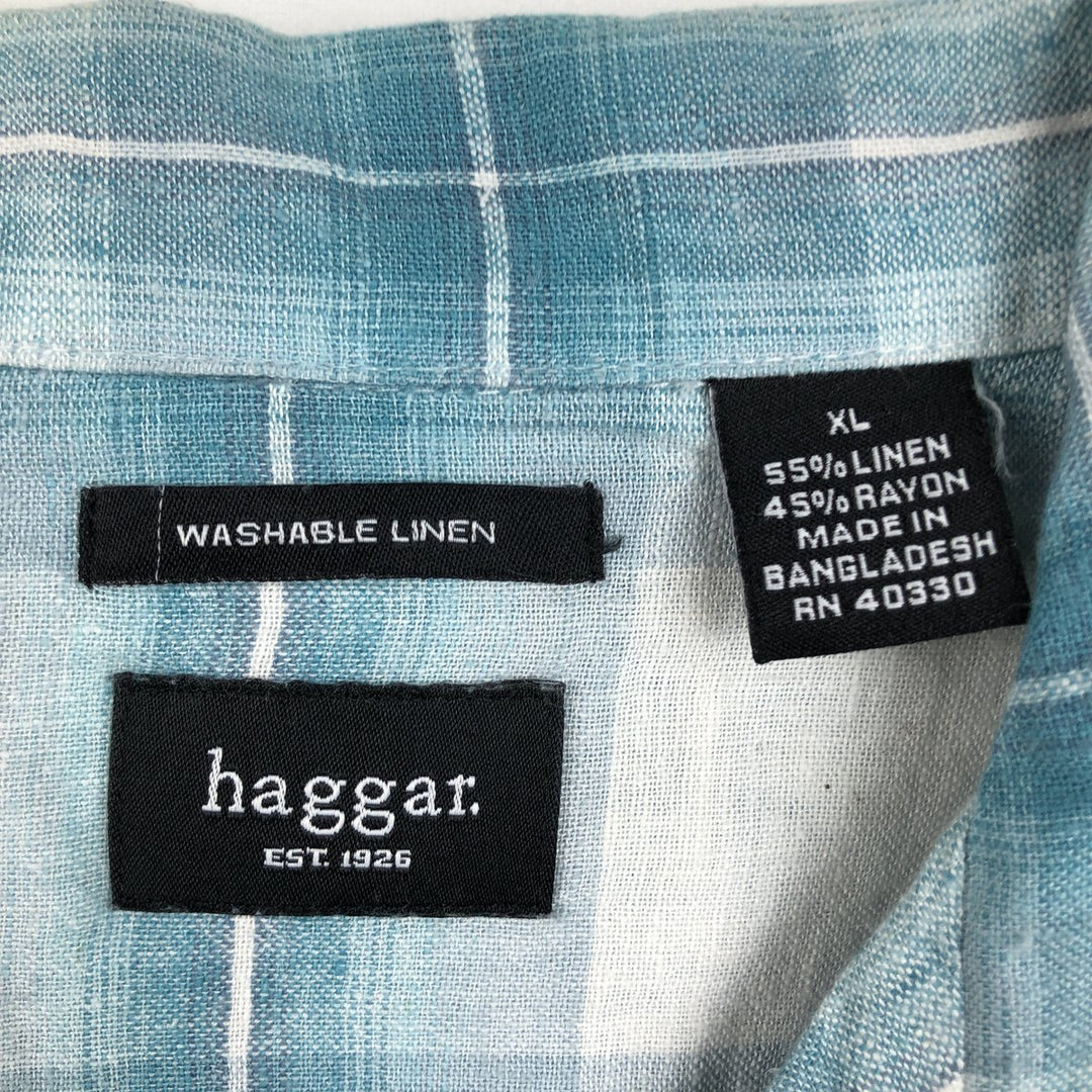 Haggar Check Pattern Short-Sleeve Open Collar Linen Shirt, Boxy Shirt, Men's Size XL (approx.) linen Blue type light blue Vintage Second Hand