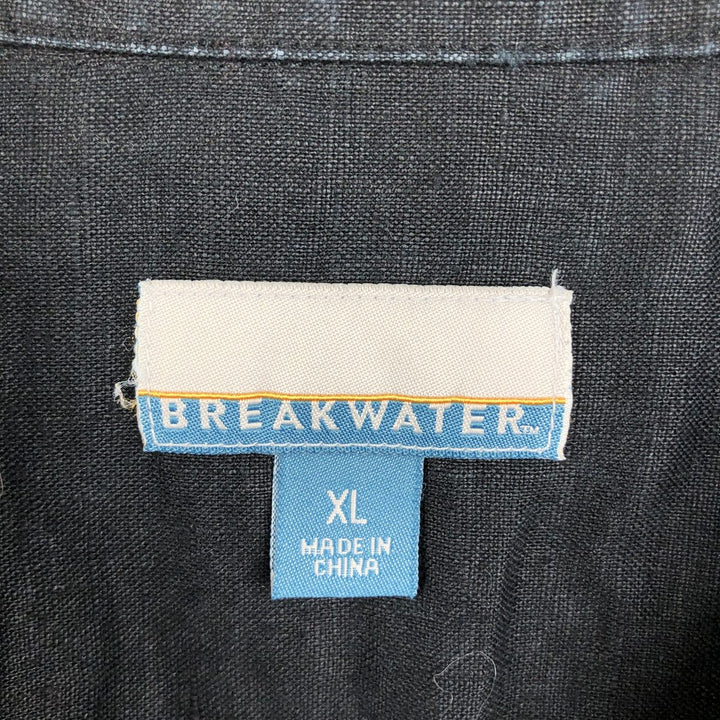 BREAKWATER Short-Sleeve Open-Collar Linen Shirt, Boxy Fit, Men's Size XL (approx.) linen black type Vintage Second Hand