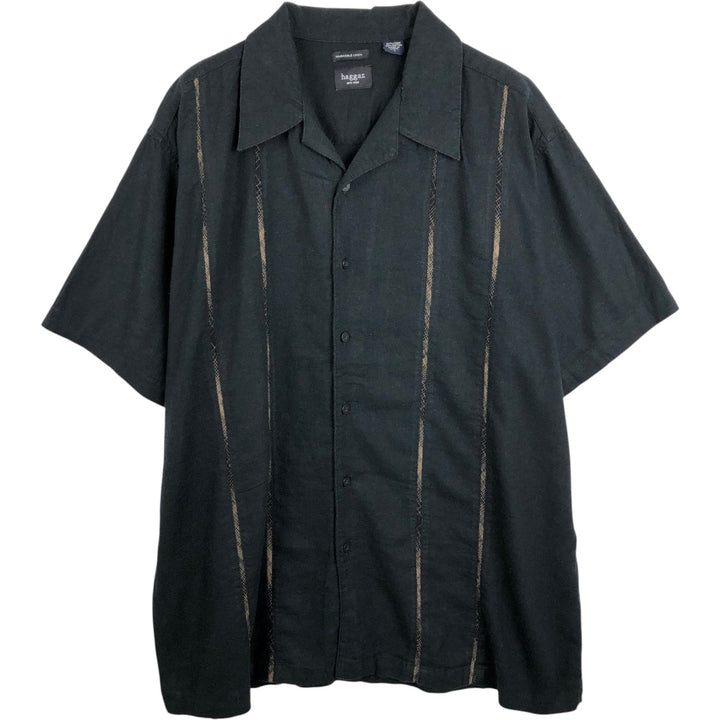 HAGGAR Washable Linen Short-Sleeve Open-Collar Linen Shirt, Boxy Shirt, Men's Size L (approx.) linen black type Vintage Second Hand