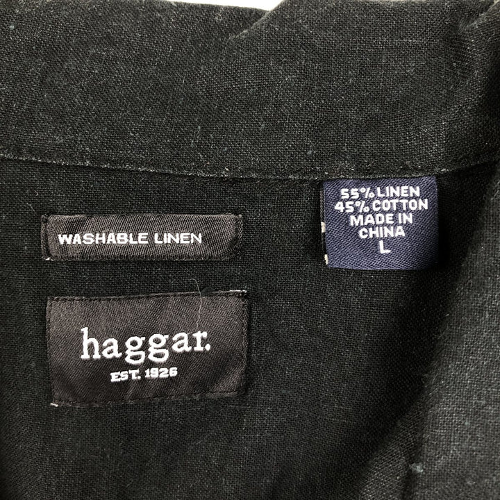 HAGGAR Washable Linen Short-Sleeve Open-Collar Linen Shirt, Boxy Shirt, Men's Size L (approx.) linen black type Vintage Second Hand