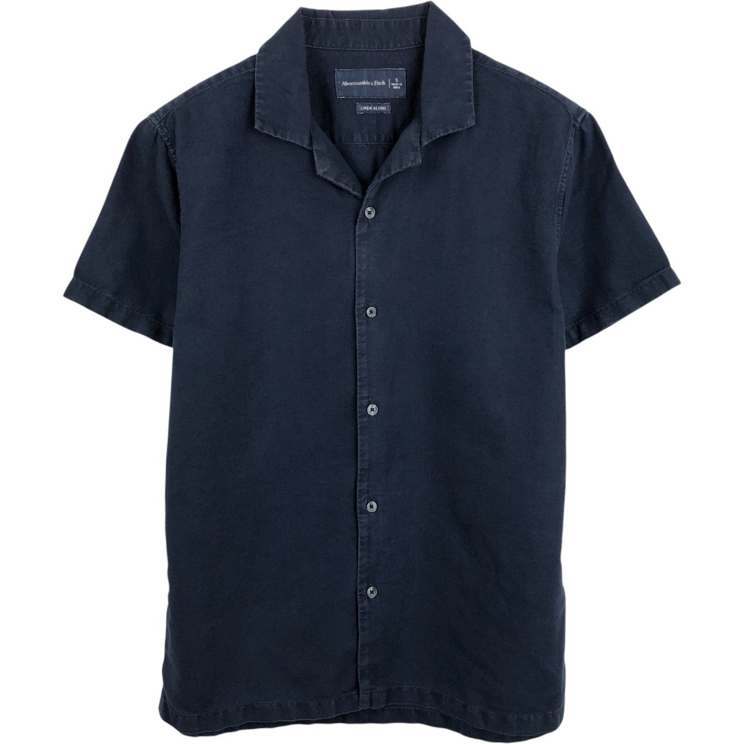Abercrombie & Fitch LINEN BLEND Short-Sleeve Open-Collar Box Shirt (Men's Size S) linen navy blue type Vintage Second Hand