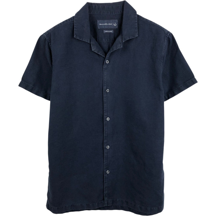 Abercrombie & Fitch LINEN BLEND Short-Sleeve Open-Collar Box Shirt (Men's Size S) linen navy blue type Vintage Second Hand