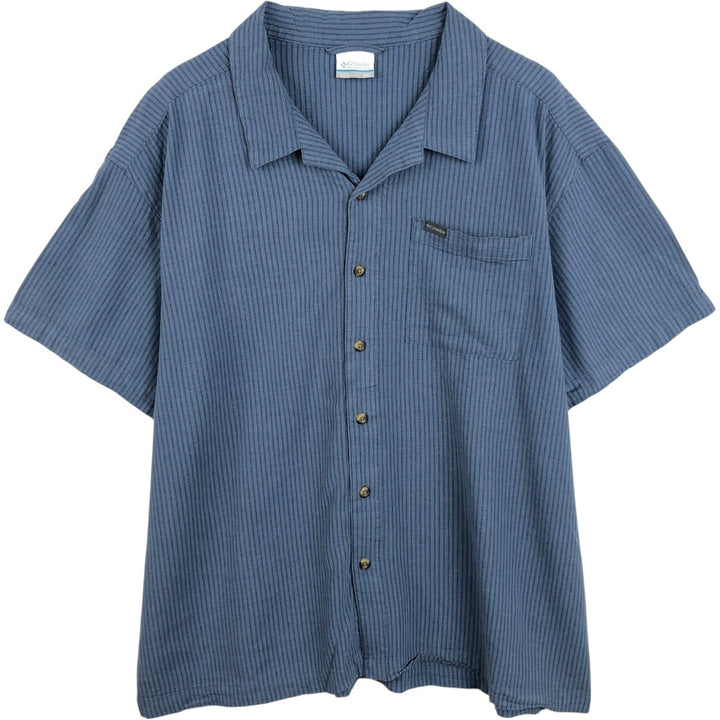 Columbia Stripe Pattern Short-Sleeve Open-Collar Viscose x Linen Shirt, Boxy Fit, Men's XXL Equivalent linen navy blue type Vintage Second Hand