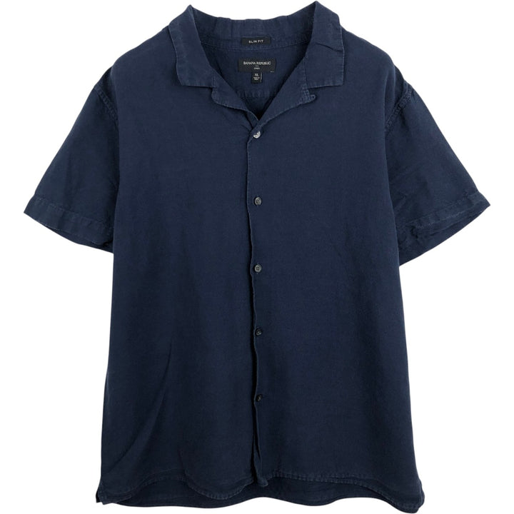 Banana Republic Slim Fit Short-Sleeve Open-Collar Linen Shirt, Boxy Shirt, Men's Size XL (approx.) linen navy blue type Vintage Second Hand