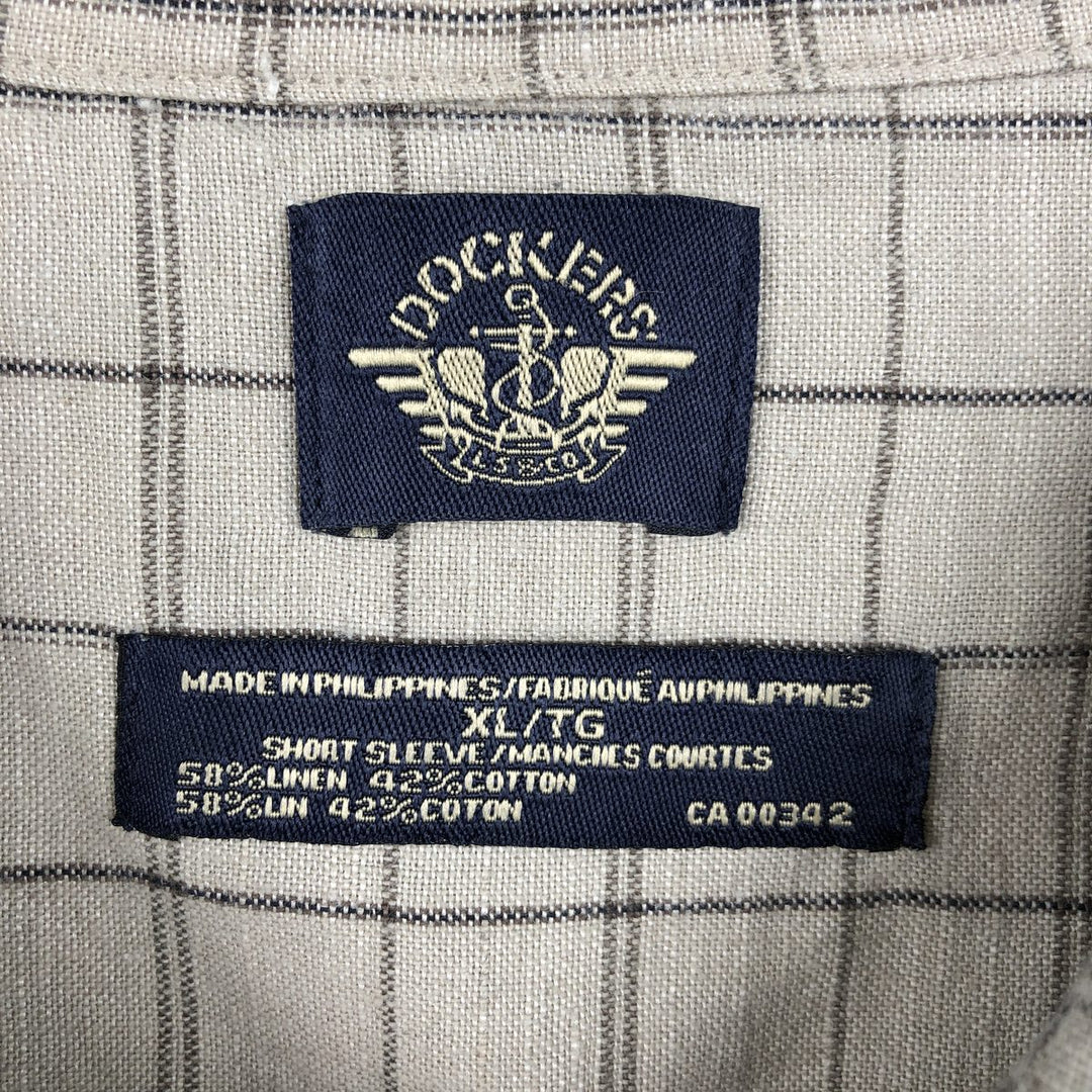 Dockers Check Pattern Short-Sleeve Open Collar Linen Shirt, Boxy Shirt, Men's XL Equivalent linen Beige type Vintage Second Hand