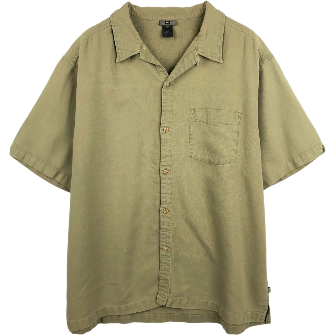 REI Short-Sleeve Open-Collar Linen Shirt, Boxy Fit, Men's Size XL Hemp Khaki type sage green Vintage Second Hand