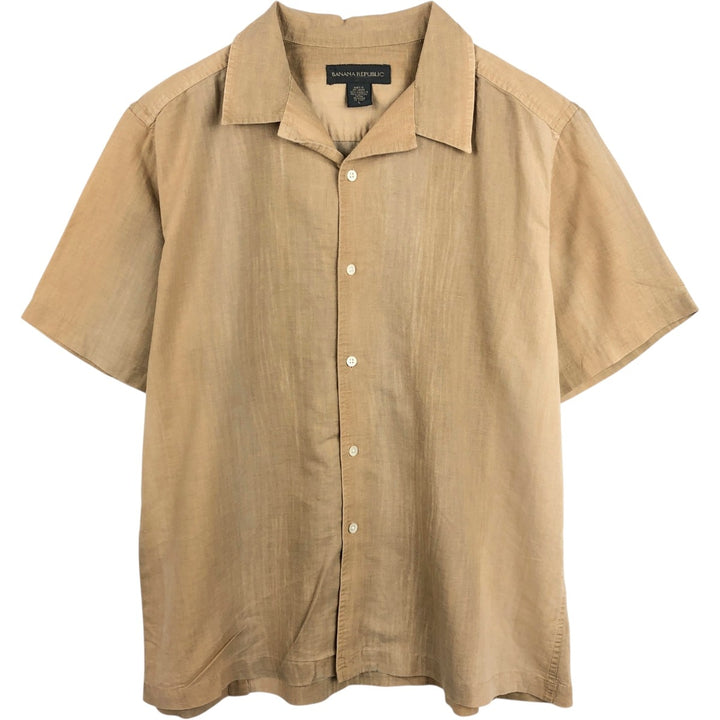 Banana Republic Short Sleeve Open Collar Linen Shirt, Men's Size L linen beige type brown Vintage Second Hand
