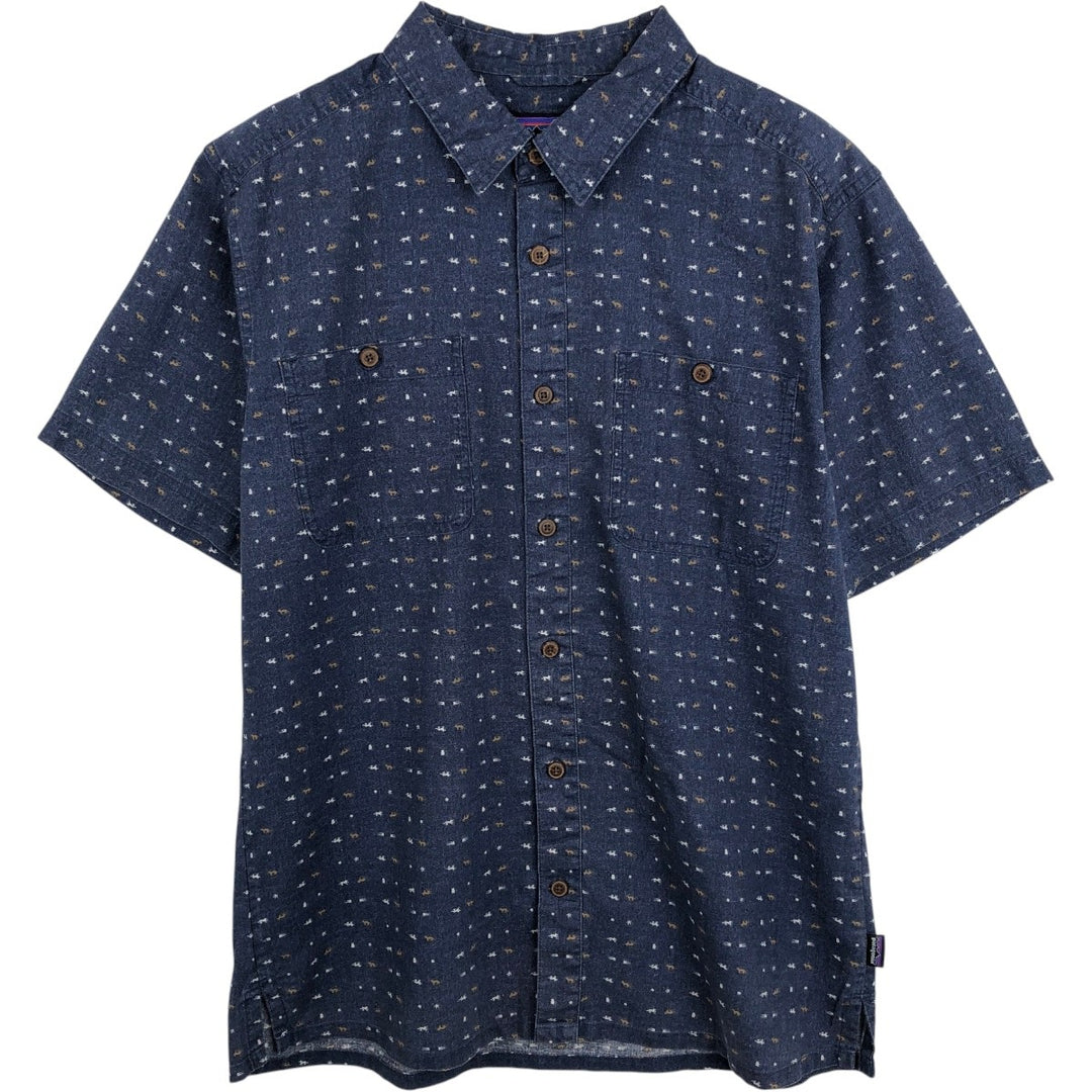 Patagonia 53138SP13 All-over print short-sleeved hemp x organic cotton box shirt, men's size M. Hemp navy blue type Vintage Second Hand