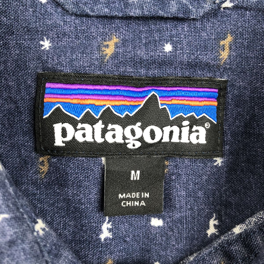 Patagonia 53138SP13 All-over print short-sleeved hemp x organic cotton box shirt, men's size M. Hemp navy blue type Vintage Second Hand