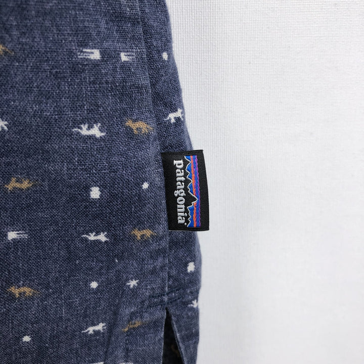Patagonia 53138SP13 All-over print short-sleeved hemp x organic cotton box shirt, men's size M. Hemp navy blue type Vintage Second Hand