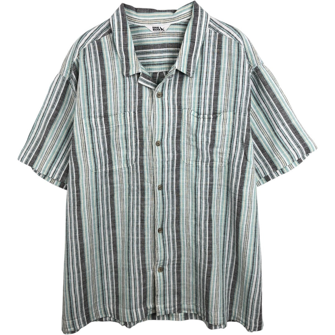 Eddie Bauer Stripe Pattern Short-Sleeve Hemp x Cotton Box Shirt, Men's XL Equivalent Hemp white type Vintage Second Hand