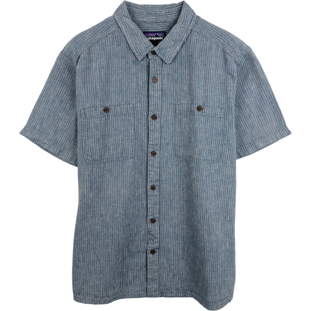 Patagonia Stripe Pattern Short-Sleeve Hemp Shirt, Boxy Shirt, Men's Size L (approx.) Hemp Blue type light blue Vintage Second Hand
