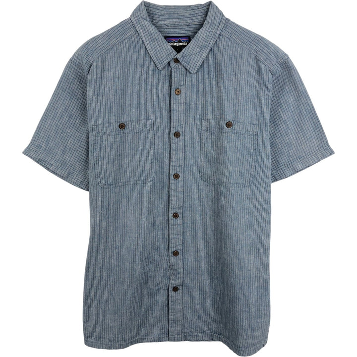 Patagonia Stripe Pattern Short-Sleeve Hemp Shirt, Boxy Shirt, Men's Size L (approx.) Hemp Blue type light blue Vintage Second Hand