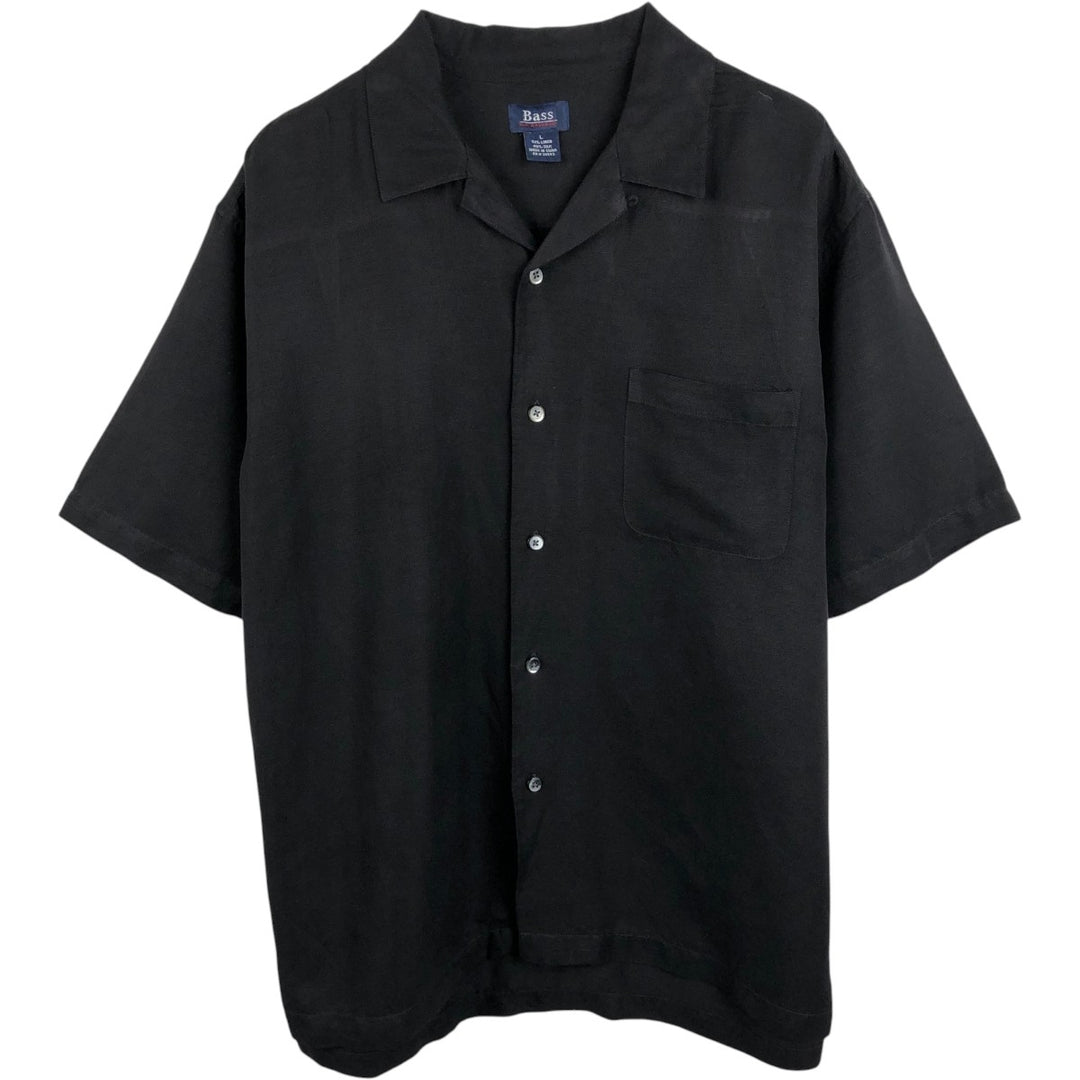 Bass Short-Sleeve Open-Collar Linen Shirt, Boxy Fit, Men's Size L (approx.) linen black type Vintage Second Hand