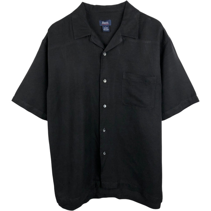 Bass Short-Sleeve Open-Collar Linen Shirt, Boxy Fit, Men's Size L (approx.) linen black type Vintage Second Hand