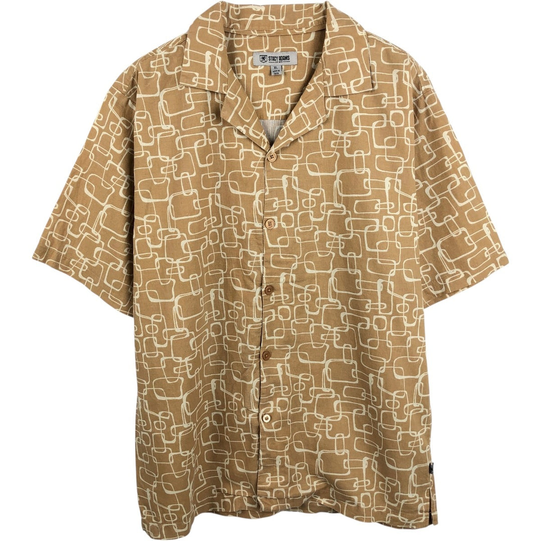 STACY ADAMS All-over print short-sleeved open-collar linen shirt, boxy fit, men's size XL equivalent. linen Beige type Vintage Second Hand