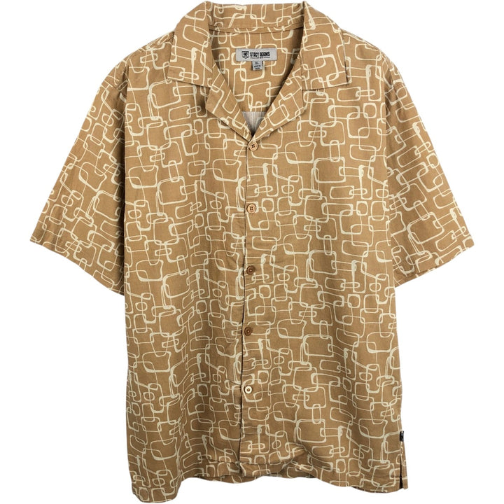 STACY ADAMS All-over print short-sleeved open-collar linen shirt, boxy fit, men's size XL equivalent. linen Beige type Vintage Second Hand