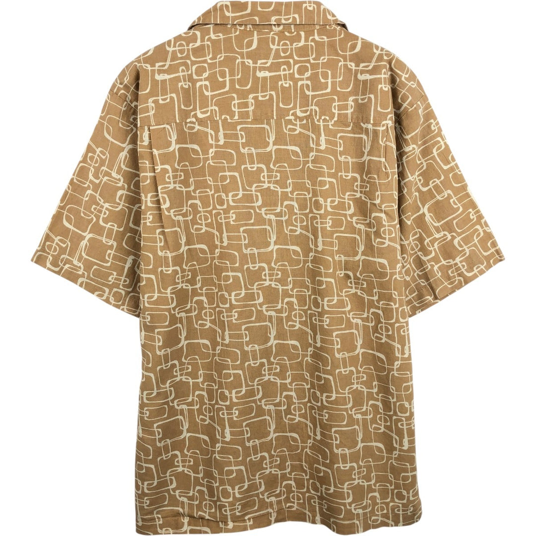 STACY ADAMS All-over print short-sleeved open-collar linen shirt, boxy fit, men's size XL equivalent. linen Beige type Vintage Second Hand