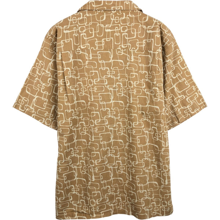 STACY ADAMS All-over print short-sleeved open-collar linen shirt, boxy fit, men's size XL equivalent. linen Beige type Vintage Second Hand