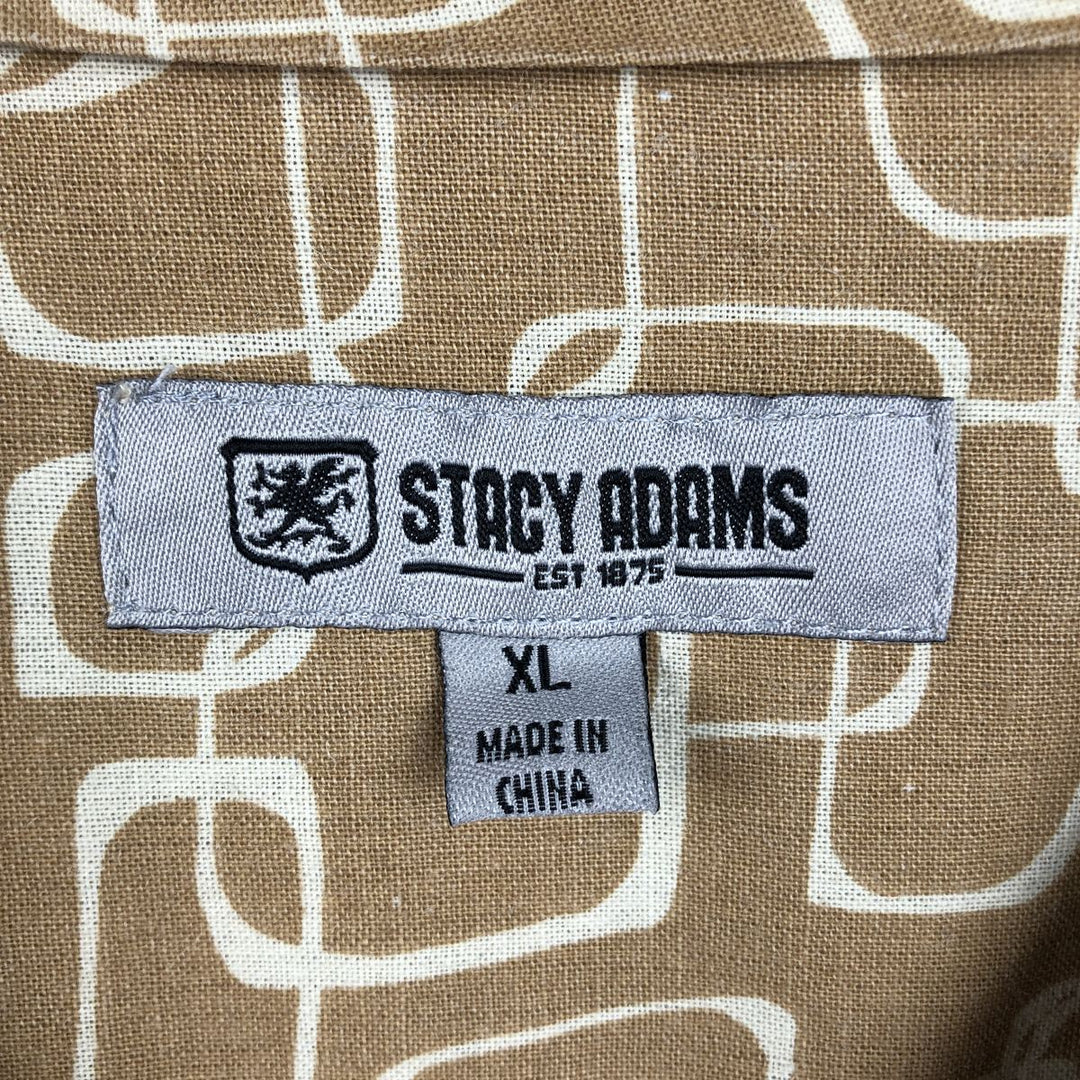 STACY ADAMS All-over print short-sleeved open-collar linen shirt, boxy fit, men's size XL equivalent. linen Beige type Vintage Second Hand