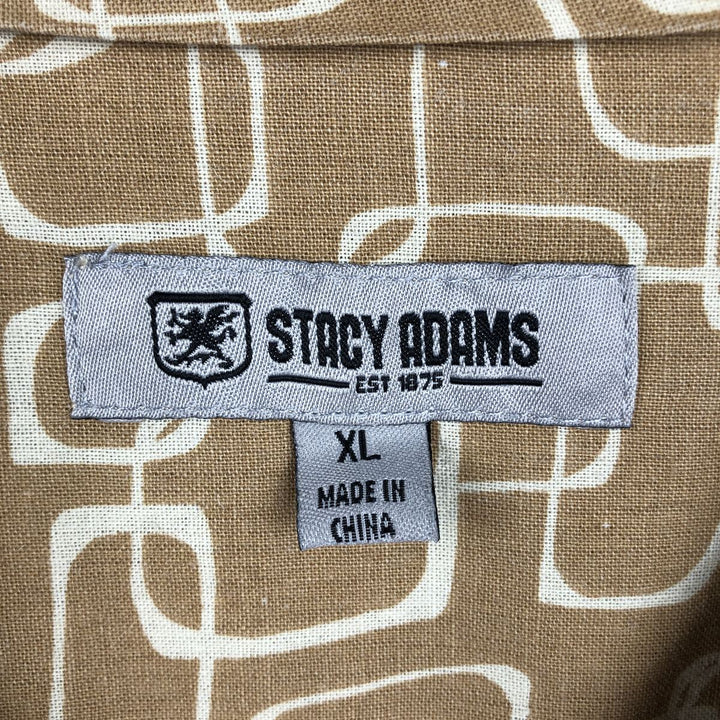 STACY ADAMS All-over print short-sleeved open-collar linen shirt, boxy fit, men's size XL equivalent. linen Beige type Vintage Second Hand