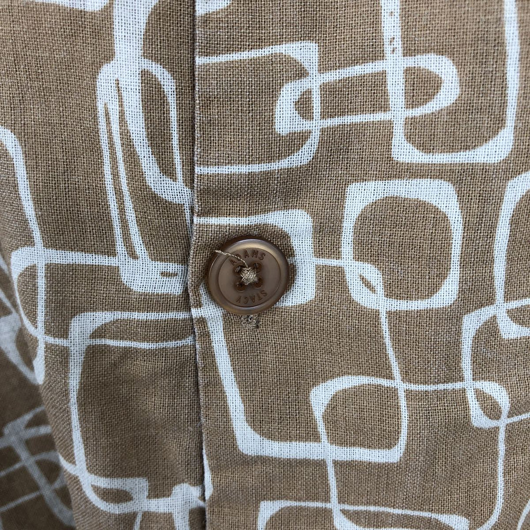 STACY ADAMS All-over print short-sleeved open-collar linen shirt, boxy fit, men's size XL equivalent. linen Beige type Vintage Second Hand