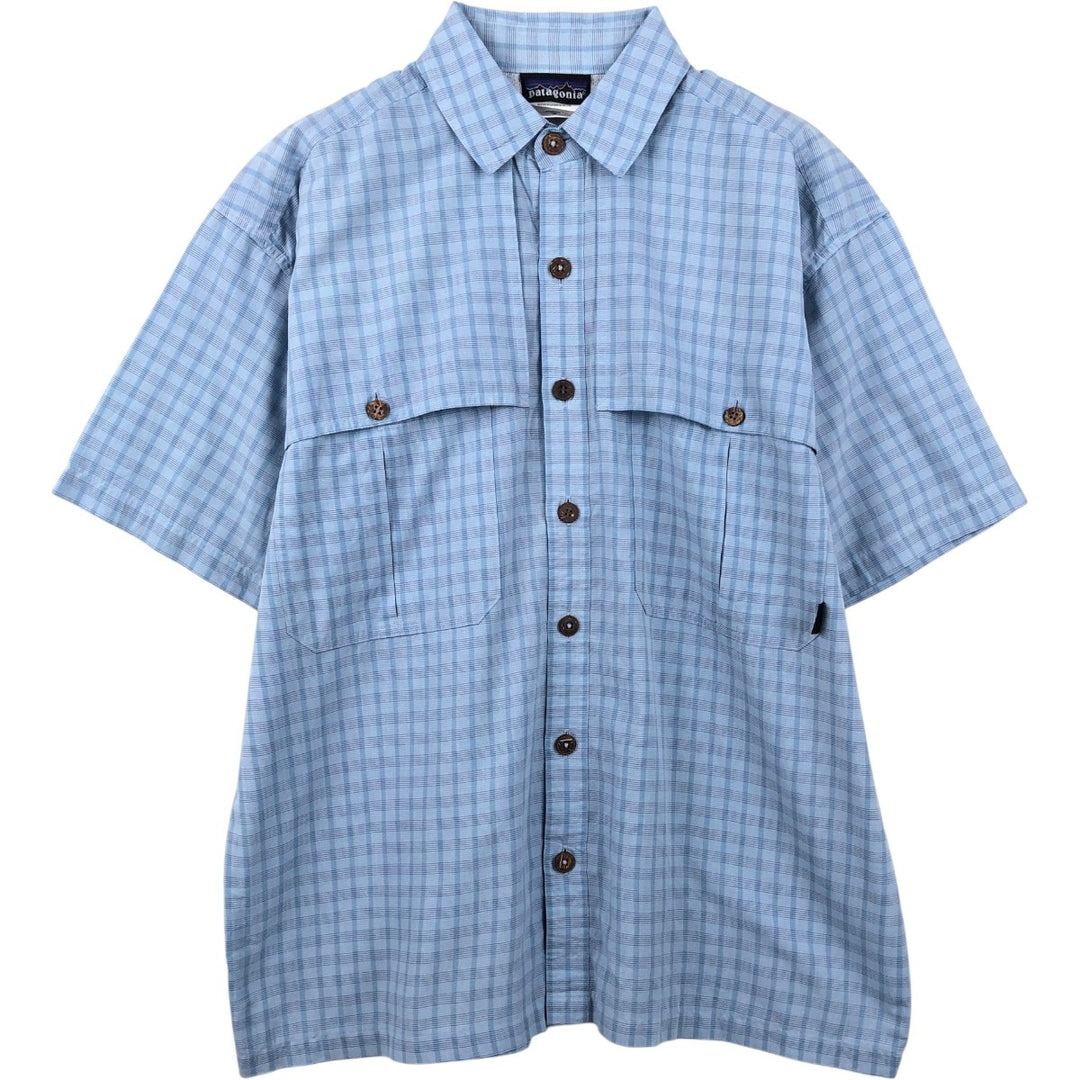 Patagonia 82001 Check Pattern Short-Sleeve Polyester Box Shirt (Men's Size M) Polyurethane Blue type light blue Vintage Second Hand