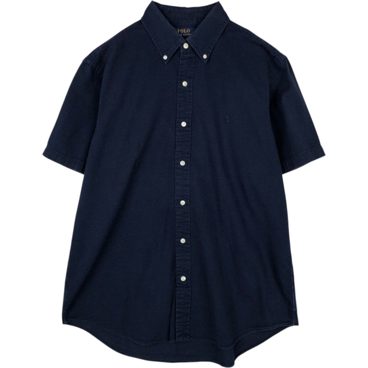 Ralph Lauren POLO RALPH LAUREN CLASSIC FIT GUARANTEED TO WRINKLE Short-Sleeve Button-Down Shirt, Men's Size L (approx.) cotton navy blue type Vintage Second Hand