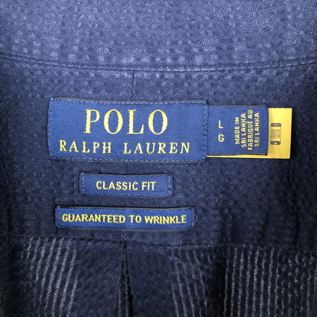 Ralph Lauren POLO RALPH LAUREN CLASSIC FIT GUARANTEED TO WRINKLE Short-Sleeve Button-Down Shirt, Men's Size L (approx.) cotton navy blue type Vintage Second Hand