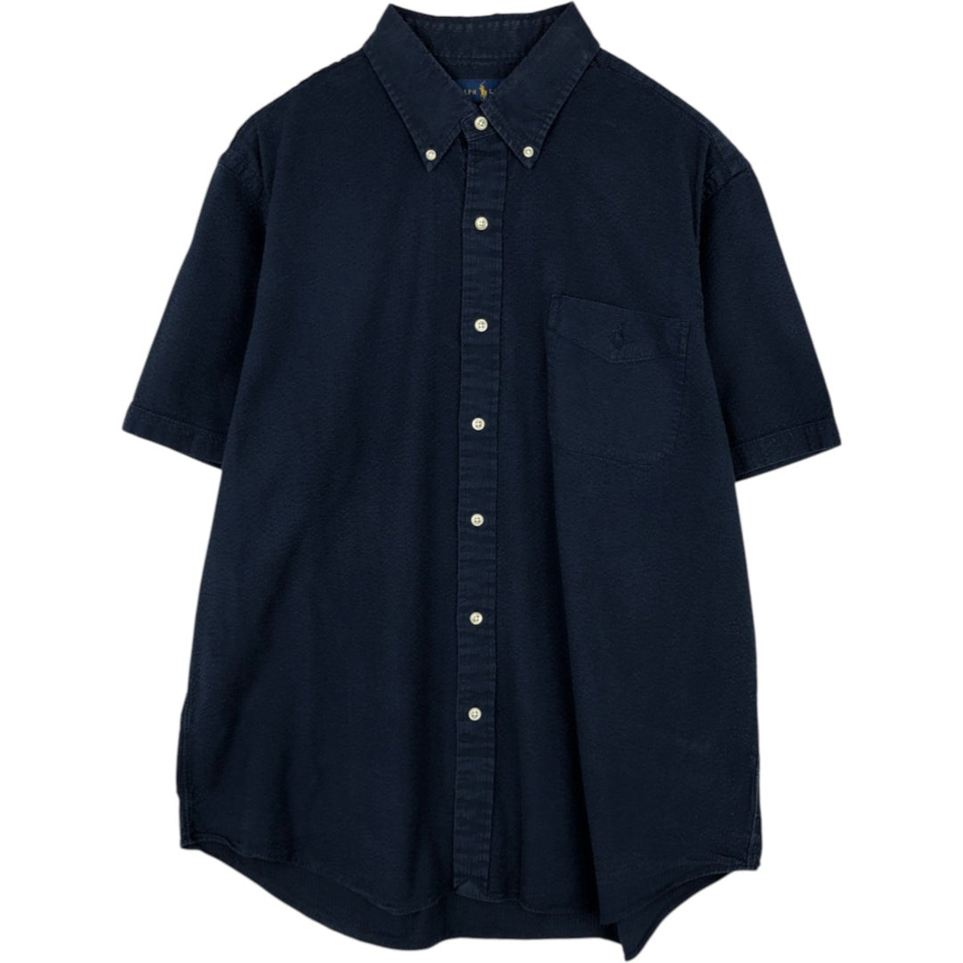 Ralph Lauren Seersucker Short-Sleeve Button-Down Shirt, Men's Size XL (approx.) cotton navy blue type Vintage Second Hand