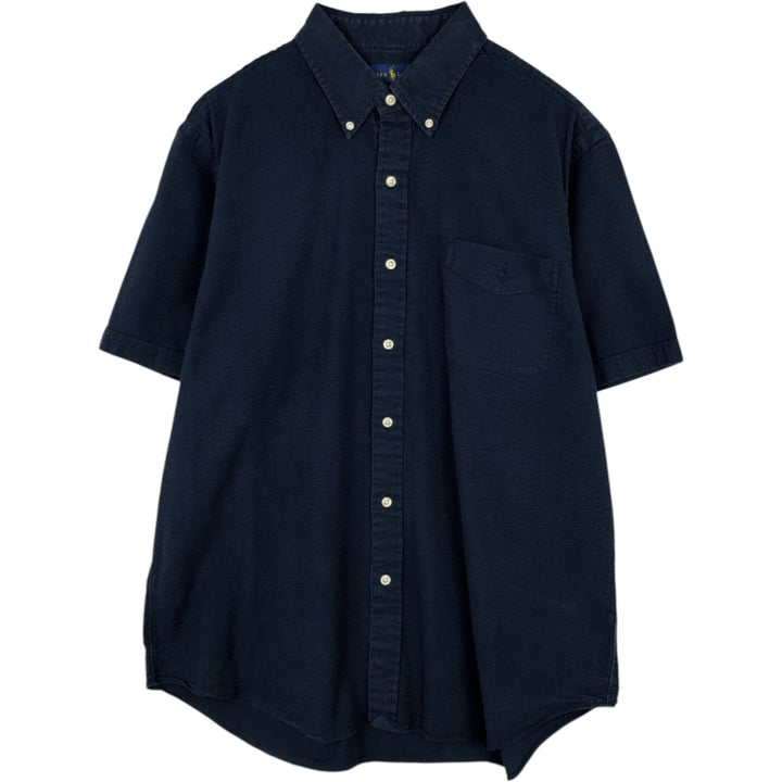 Ralph Lauren Seersucker Short-Sleeve Button-Down Shirt, Men's Size XL (approx.) cotton navy blue type Vintage Second Hand