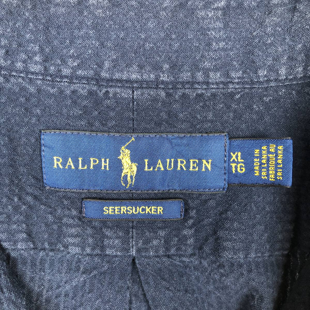 Ralph Lauren Seersucker Short-Sleeve Button-Down Shirt, Men's Size XL (approx.) cotton navy blue type Vintage Second Hand