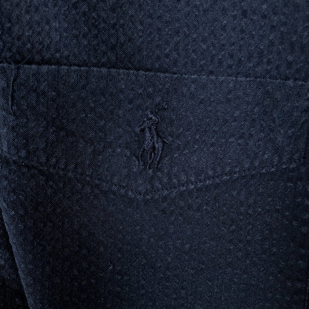 Ralph Lauren Seersucker Short-Sleeve Button-Down Shirt, Men's Size XL (approx.) cotton navy blue type Vintage Second Hand