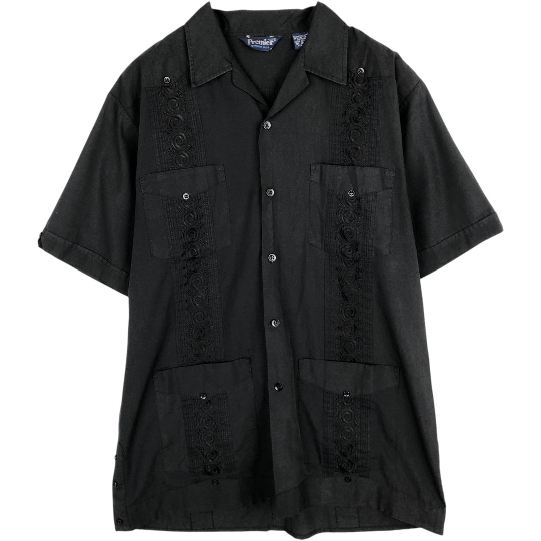 Premier Short-Sleeve Open-Collar Mexican Shirt, Cuban Shirt, Boxy Shirt, Men's Size M polyester black type Vintage Second Hand