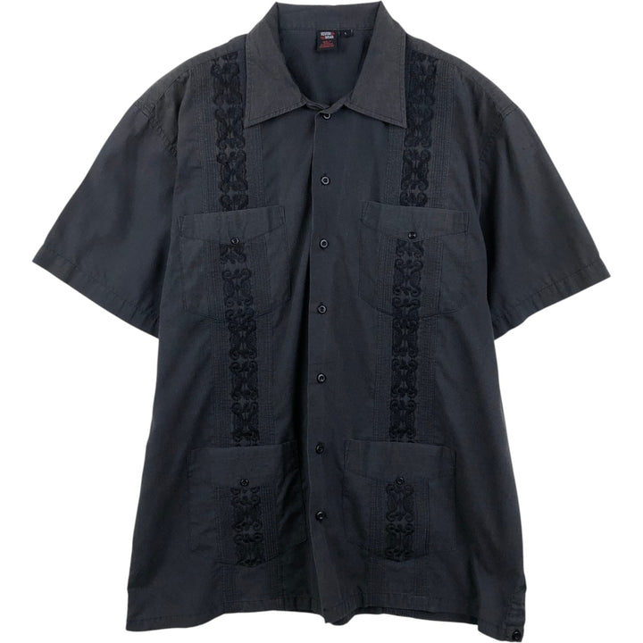 SQUISH WEAR Short-Sleeve Mexican Shirt, Cuban Shirt, Box Shirt, Men's Size L (approx.) cotton Charcoal Vintage Second Hand