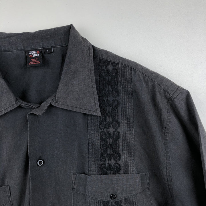 SQUISH WEAR Short-Sleeve Mexican Shirt, Cuban Shirt, Box Shirt, Men's Size L (approx.) cotton Charcoal Vintage Second Hand