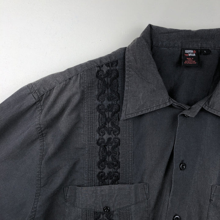 SQUISH WEAR Short-Sleeve Mexican Shirt, Cuban Shirt, Box Shirt, Men's Size L (approx.) cotton Charcoal Vintage Second Hand