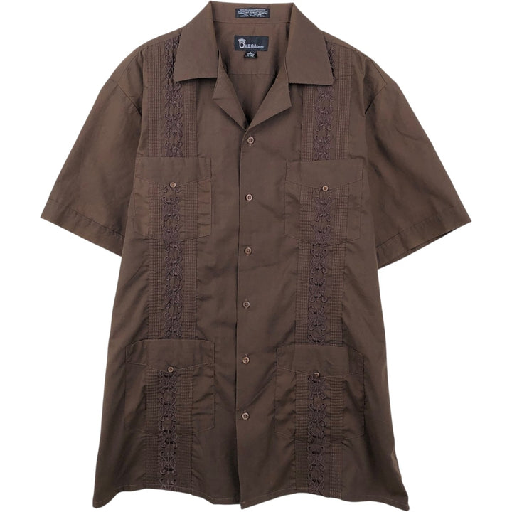 OMEGA FASHION Short-Sleeve Open Collar Mexican Shirt Cuban Shirt Men's Size L cotton brown type Vintage Second Hand
